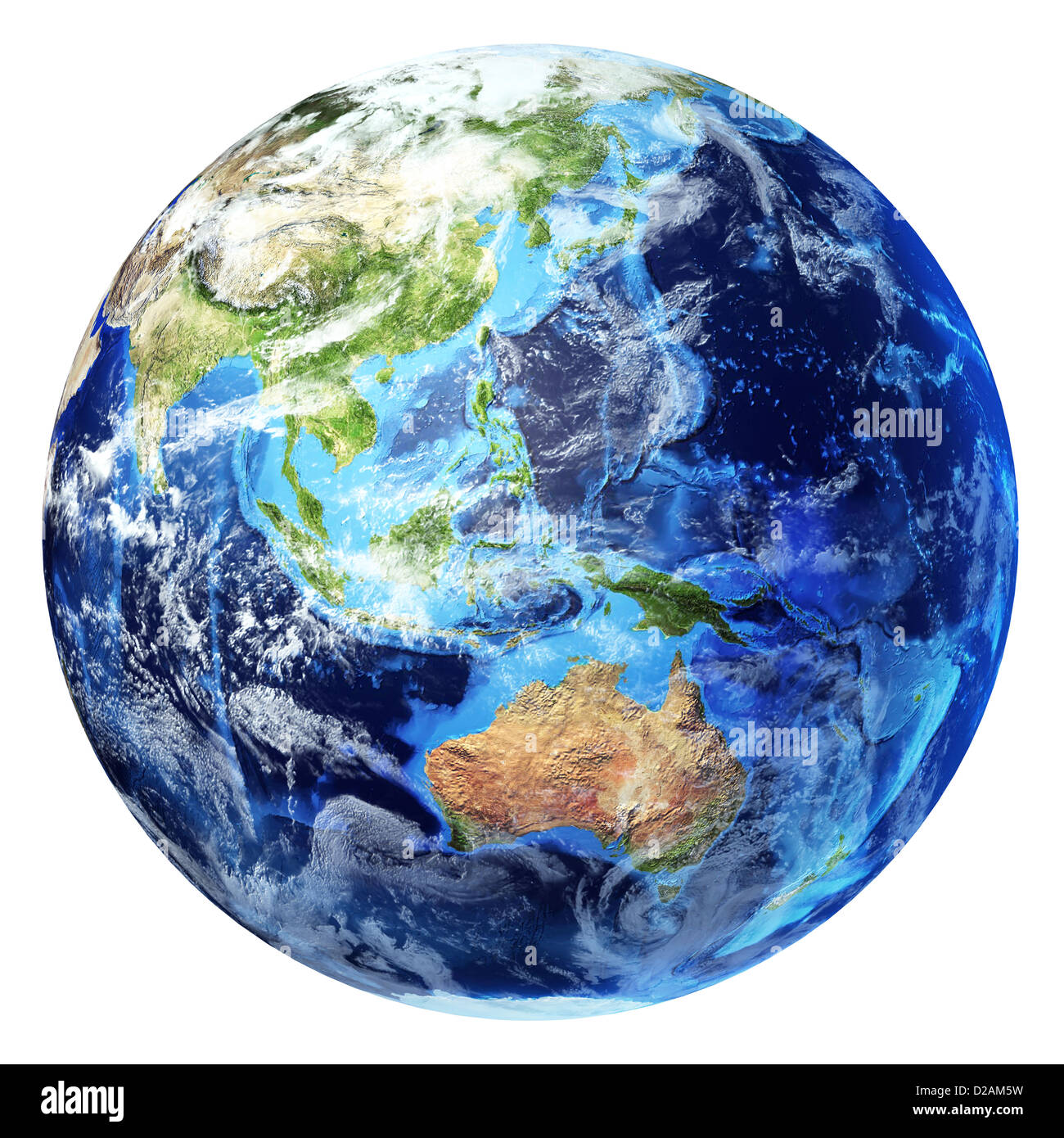 Erde Globus, realistische 3 D rendering mit einigen Wolken. Oceania-Ansicht. Auf weißem Hintergrund. Stockfoto