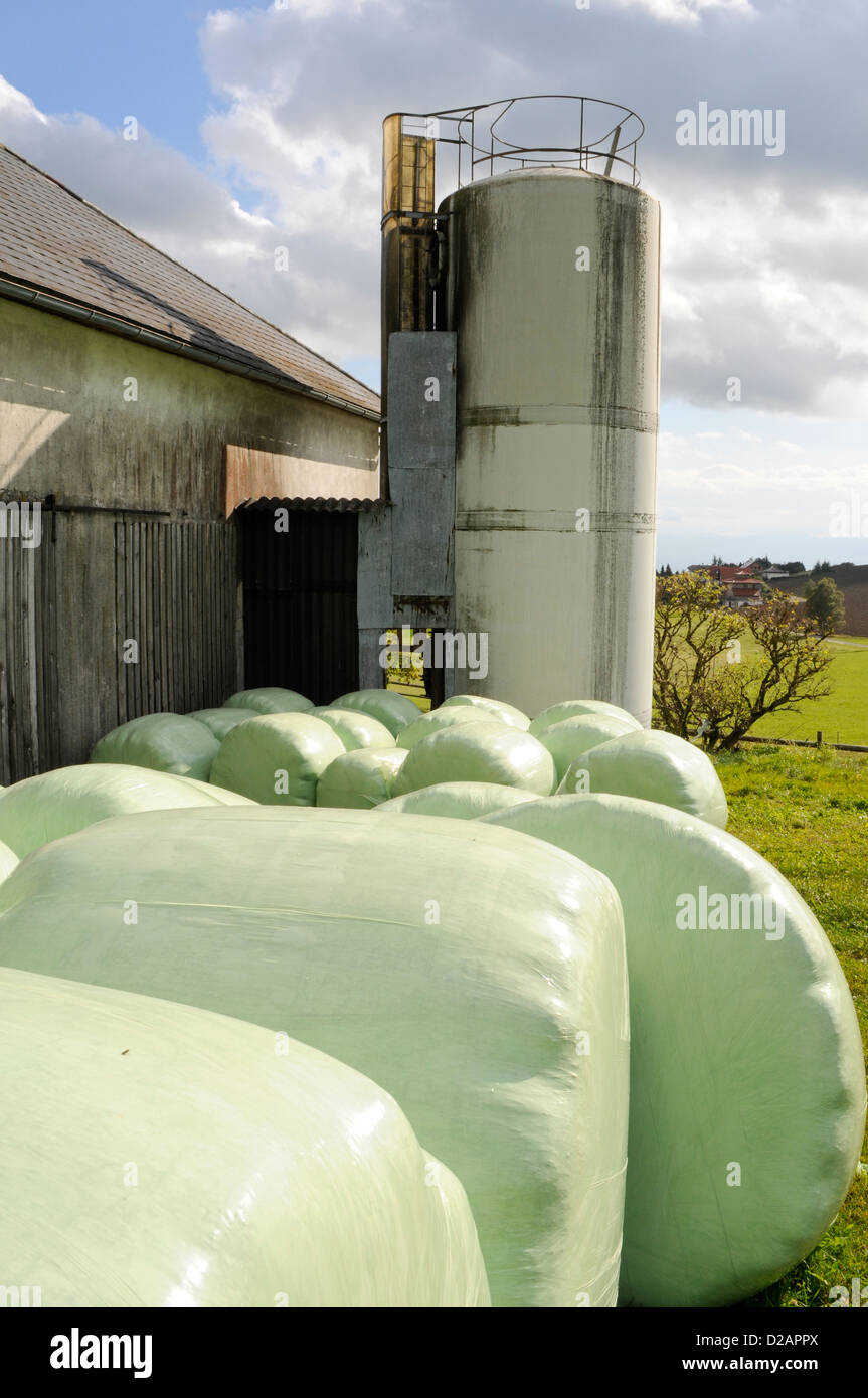 Österreichischen Bauernhof mit Silo und hayballs Stockfoto