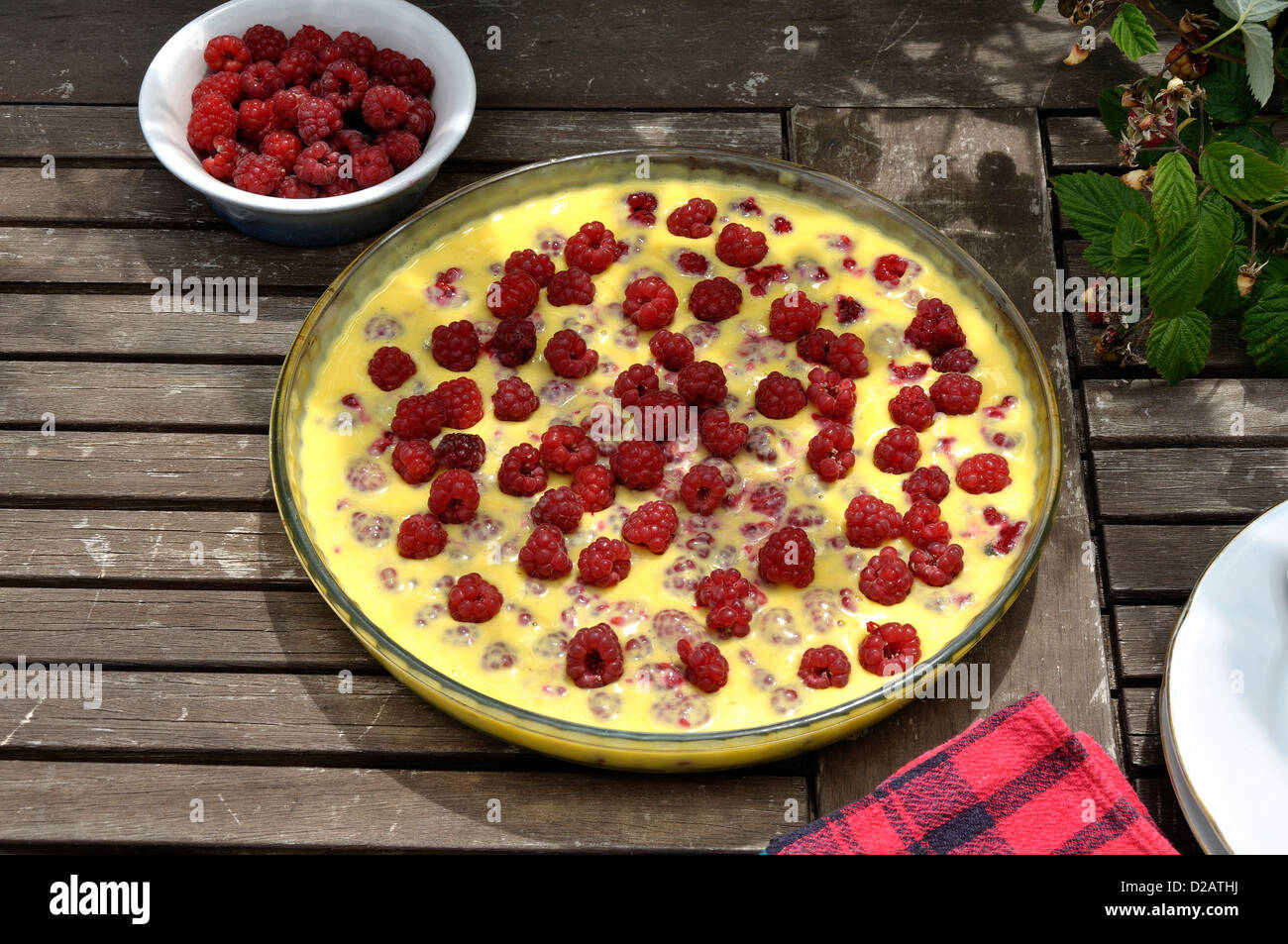 Ein Dessert (Pudding Gießen) auf dem Tisch des Gartens mit Himbeeren (Rubus Idaeus). Stockfoto