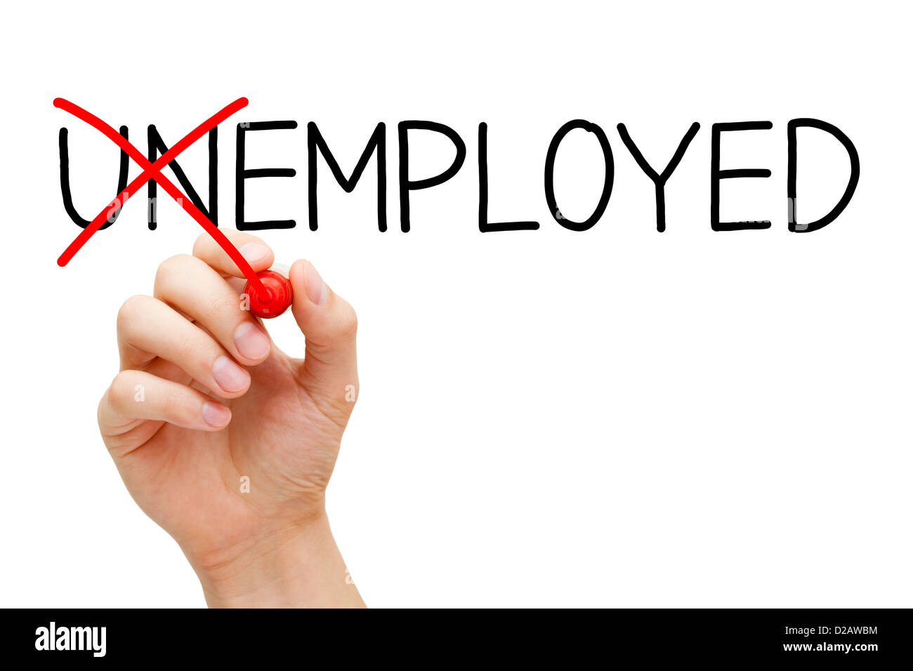 Eine neue Arbeitsstelle zu finden. Hand das Wort Arbeitslose in Arbeitnehmer mit roten Markierung isoliert auf weiss zu verwandeln. Stockfoto