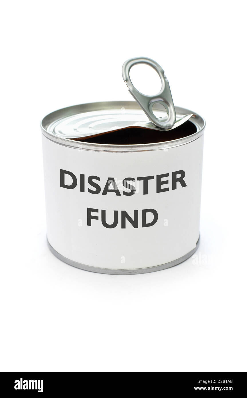 Katastrophenfonds gedruckt auf einer Blechdose Stockfoto