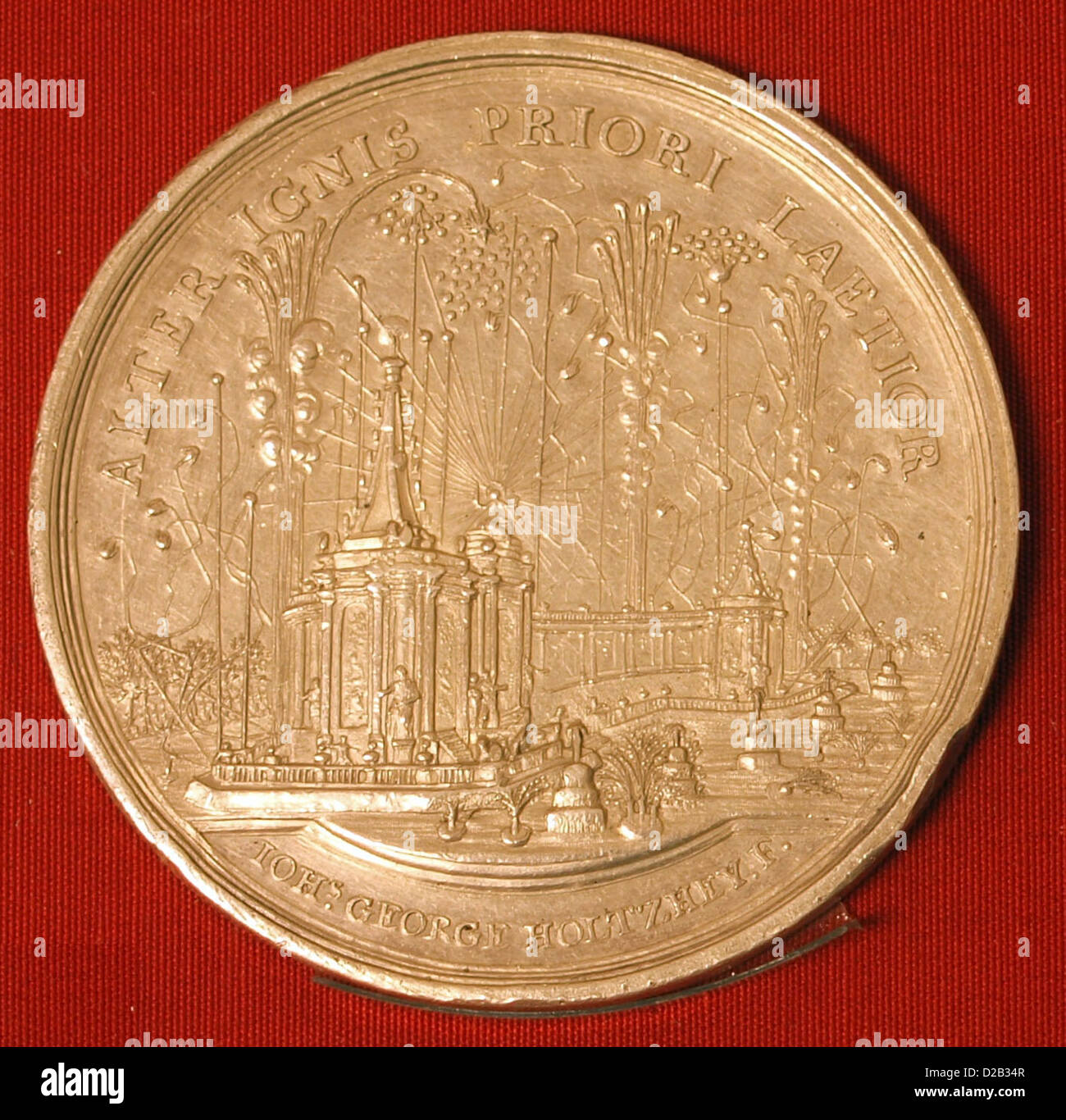 Münzen in das Teylers-Museum.Fireworks in den Haag anlässlich der Frieden von Aachen (Beendigung des österreichischen Sucessieo Stockfoto
