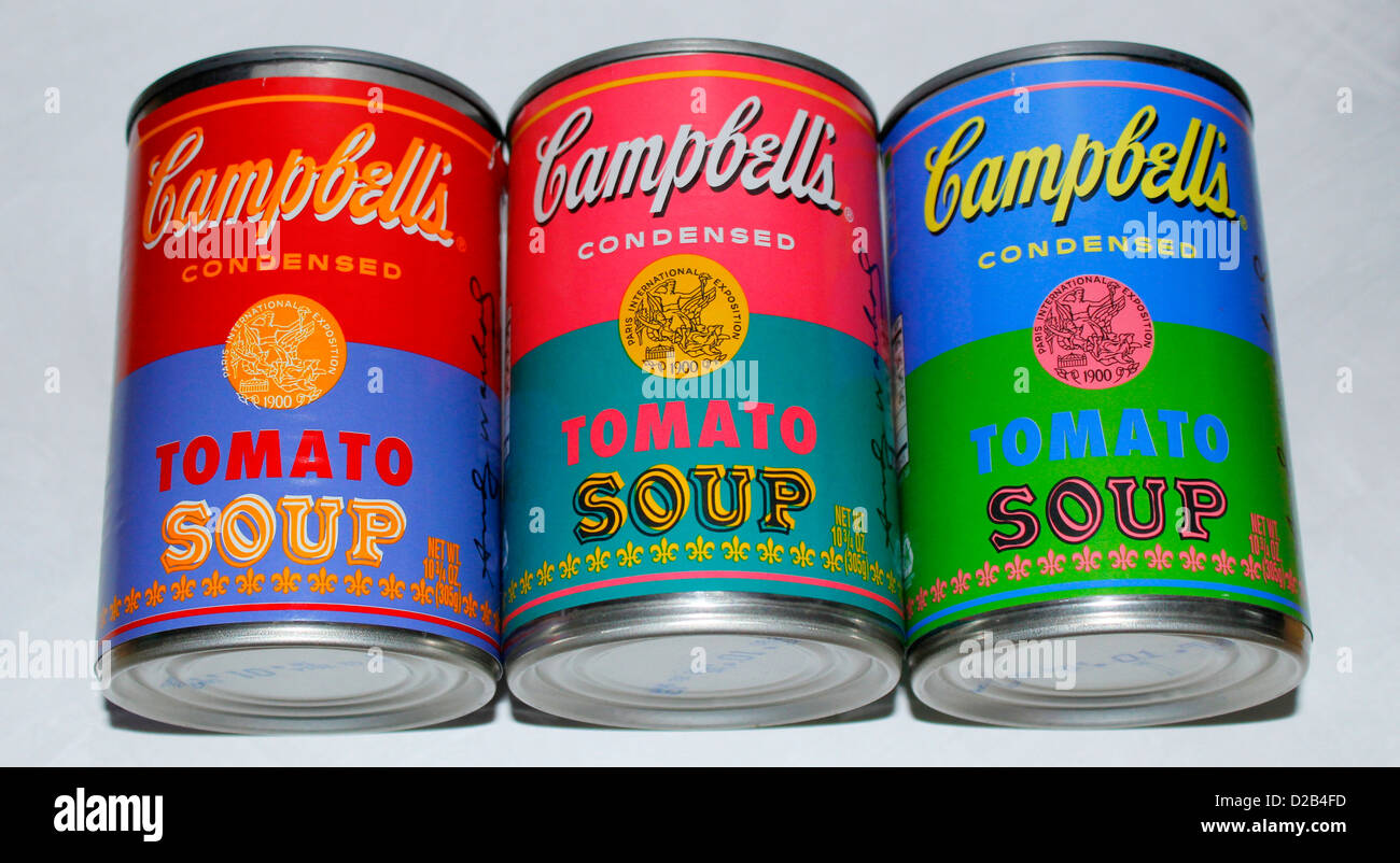 Trio von Limited Edition Warhol Soup Cans (TIN) Campbells Tomato Stockfoto
