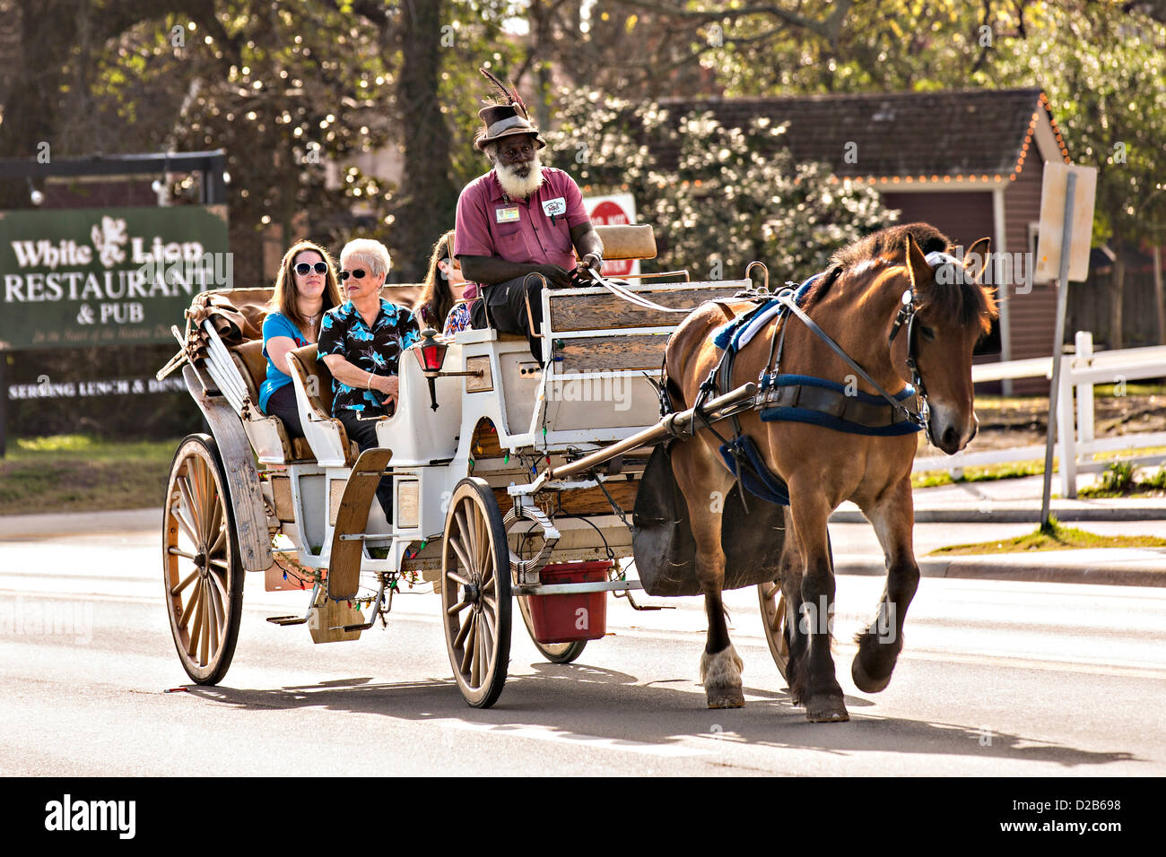 Eine Pferdekutsche Kutsche auf Avenida Menendez in St. Augustine, Florida. St. Augustine ist die älteste Stadt in Amerika. Stockfoto