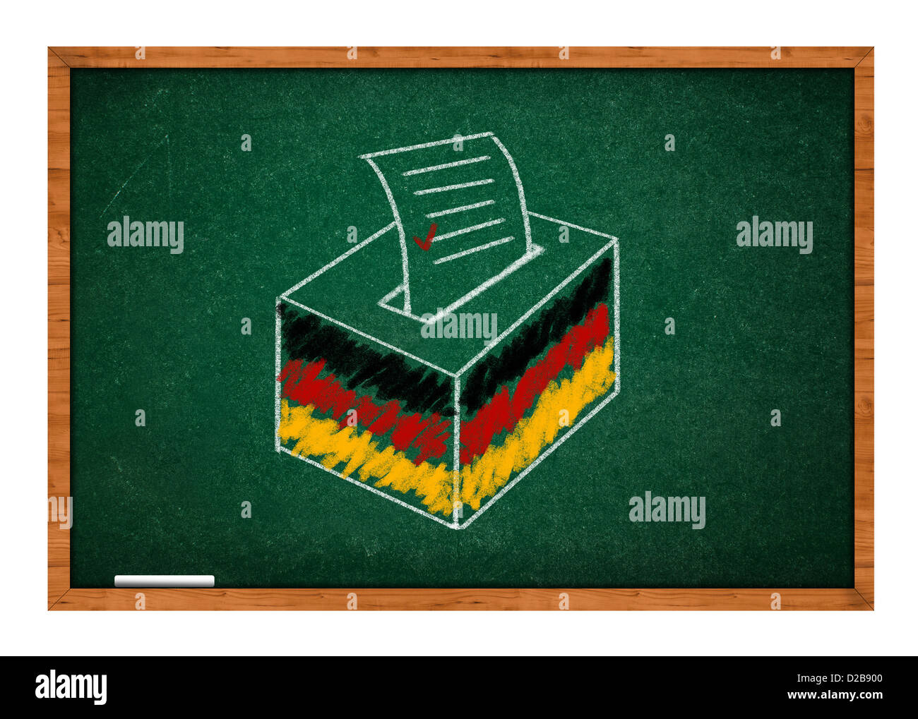 Zeichnung der Wahl Stimmzettel mit deutscher Flagge auf einer Kreidetafel Grüne Schule. Stockfoto