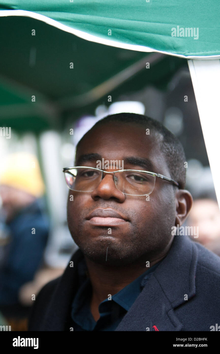 London, UK, 19. Januar 2013 MP für Tottenham David Lammy Rallye durch anti-faschistische Gruppen gegen die rechtsextremen Griechisch "Golden Dawn" Partei. Die Rallye bei der griechischen Botschaft in London Holland Park findet in Verbindung mit anderen in ganz Europa, mit einer nationalen Kundgebung in Athen. Stockfoto