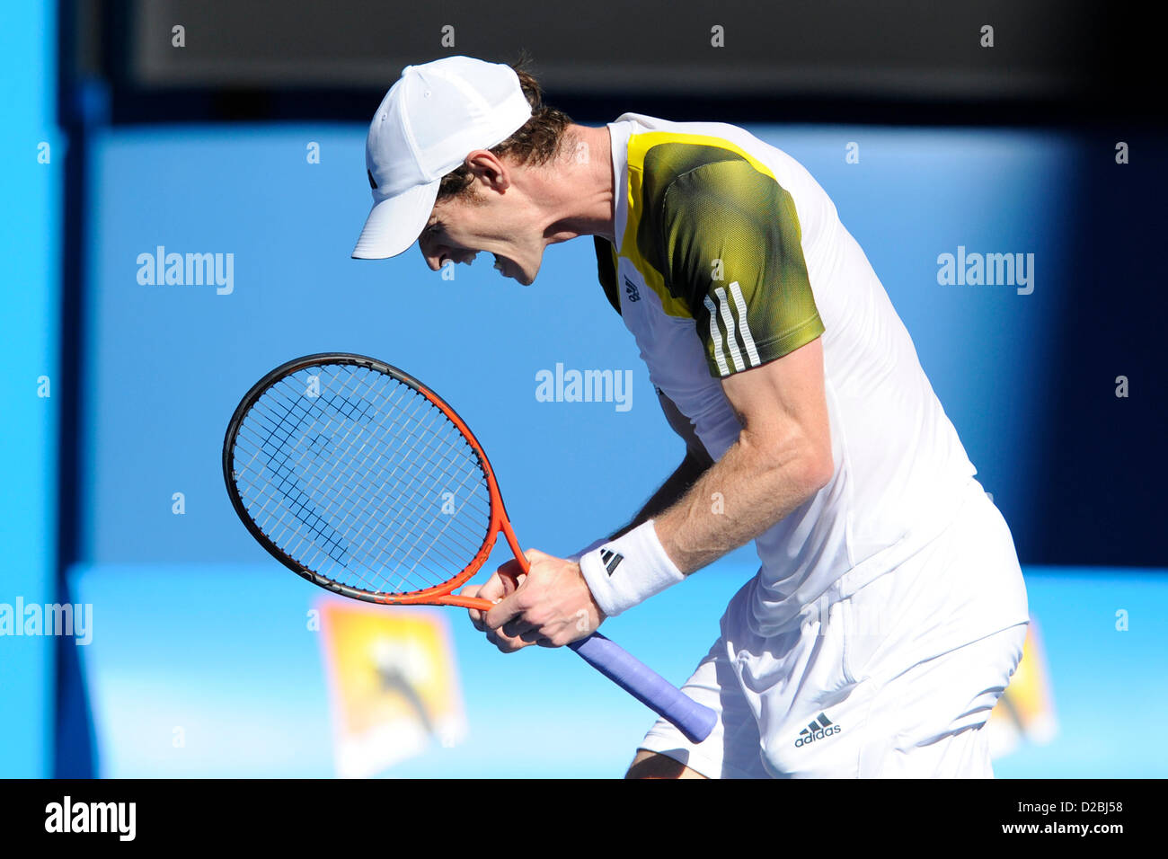 19. Januar 2013. Melbourne, Australien. Andy Murray aus Großbritannien reagiert nach gewann sein Match am Tag sechs der Australian Open aus Melbourne Park. Stockfoto
