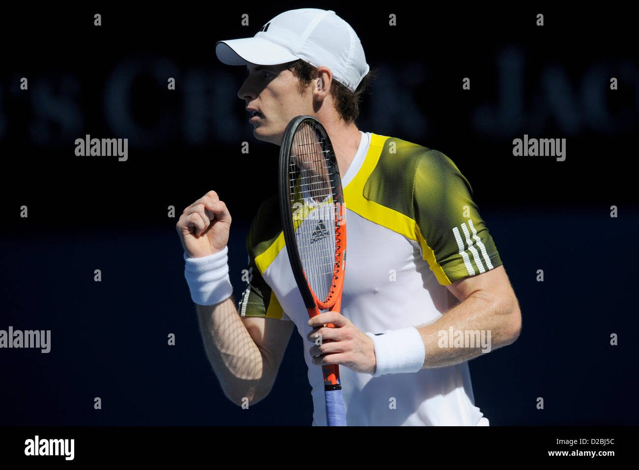 19. Januar 2013. Melbourne, Australien. Andy Murray aus Großbritannien pumpt seine Faust nach einem wichtigen Punkt in seinem Spiel am Tag gewann sechs der Australian Open aus Melbourne Park. Stockfoto