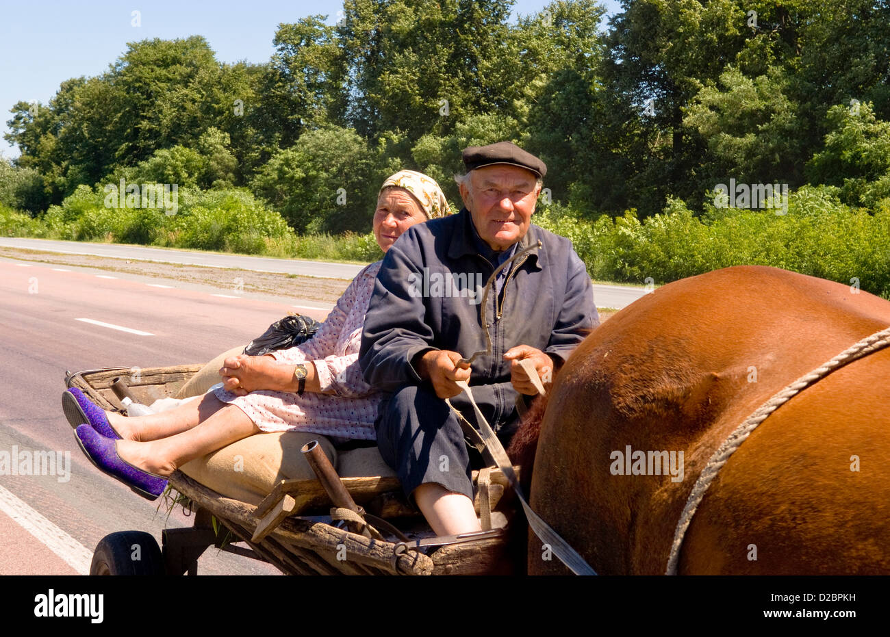 Landbau paar Reiten auf Pferdewagen unterwegs von Kiew, Lwiw In der Ukraine Stockfoto