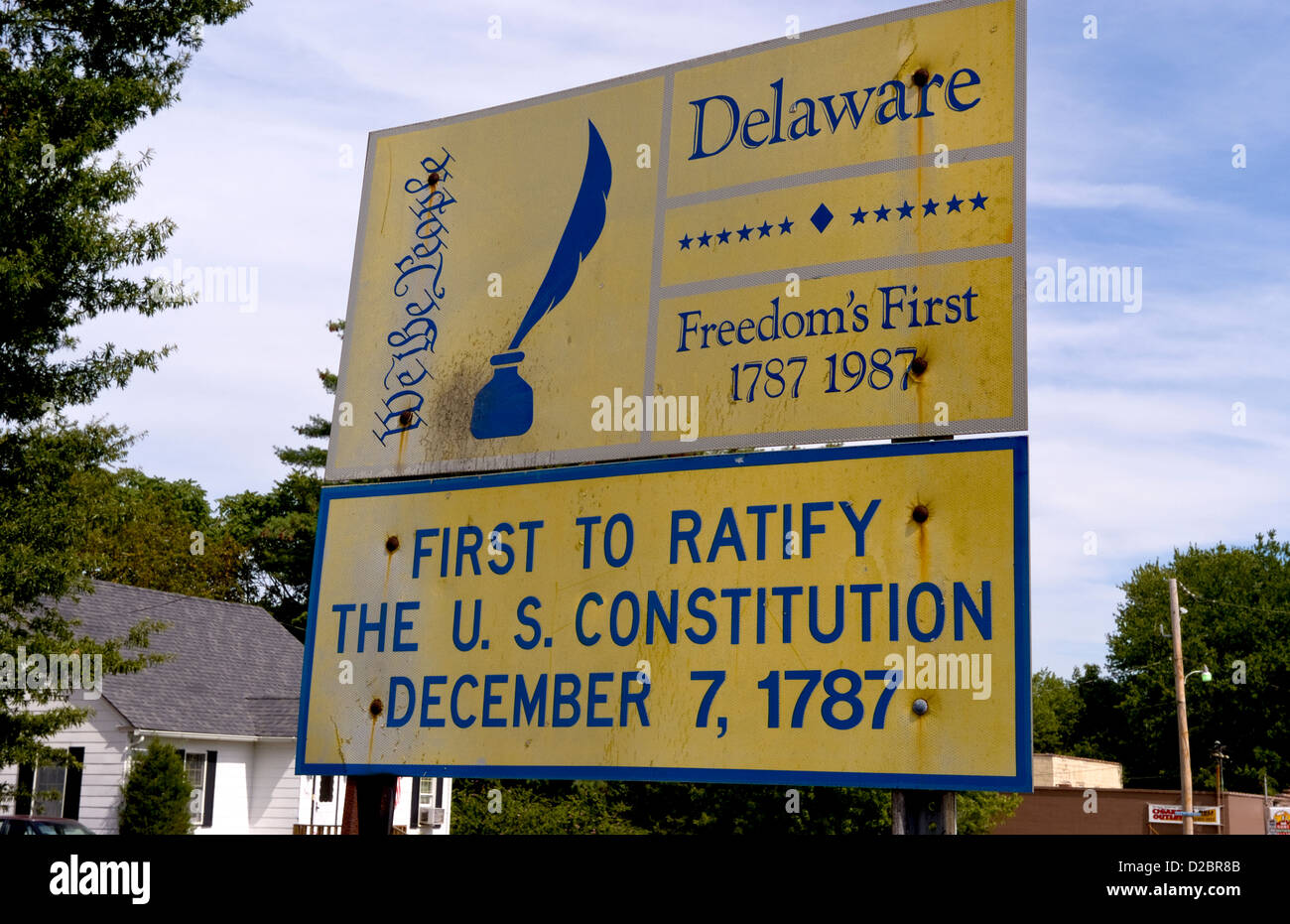 Herzlich Willkommen Sie in Delaware Zeichen. Erste juristische In uns Geschichte und erste uns Verfassung 1787 zu ratifizieren Stockfoto