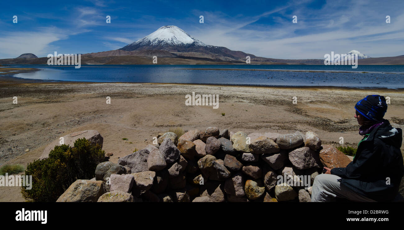 Vulkan Parinacota mit Person betrachtet man es im Nationalpark Lauca, Chile Stockfoto