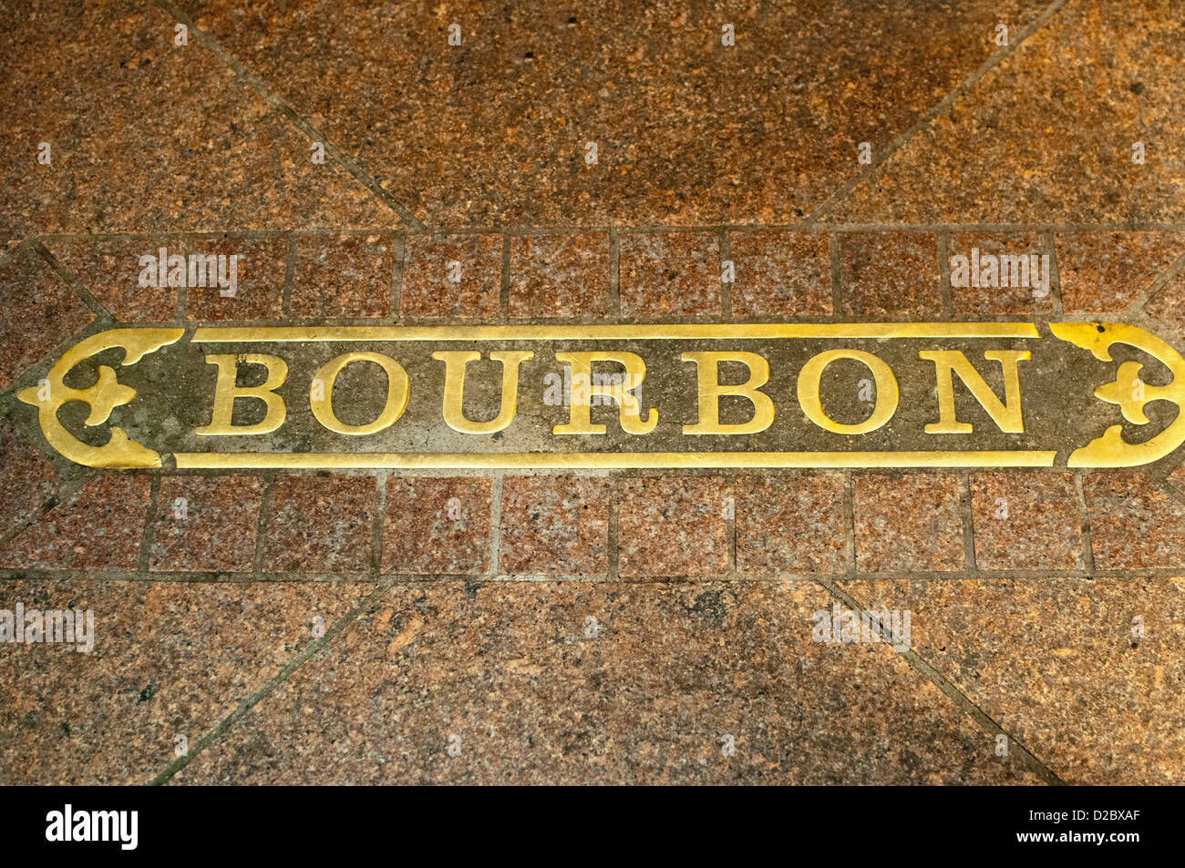 Die berühmte Bourbon Street, Blechschild auf dem Boulevard, New Orleans; Bundesstaat Louisiana; USA; Nord-Amerika Stockfoto