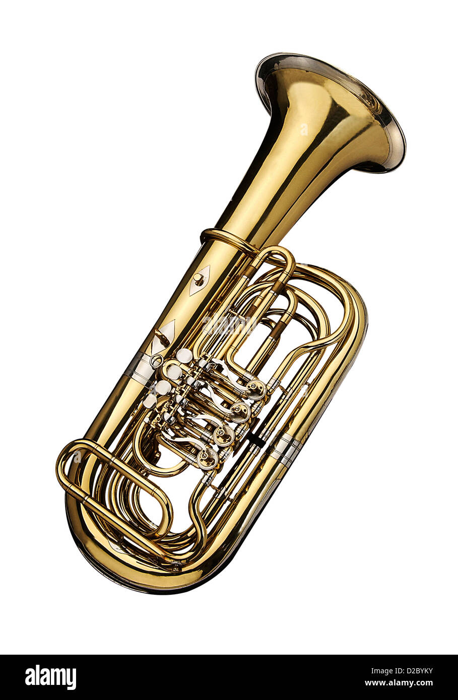 Tuba, Blasinstrument. Auf einem weißen Hintergrund. Stockfoto