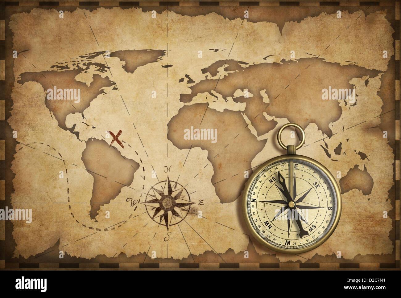 Alter Messing antik nautischen Kompass und alte Karte mit Track drauf Stockfoto