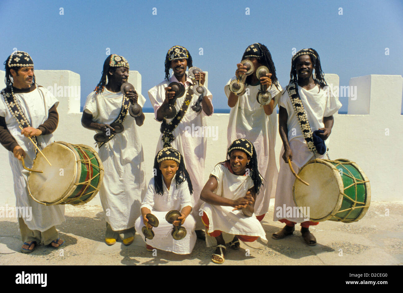 Marokko, Asilah. Gnouwin Musiker. Stockfoto