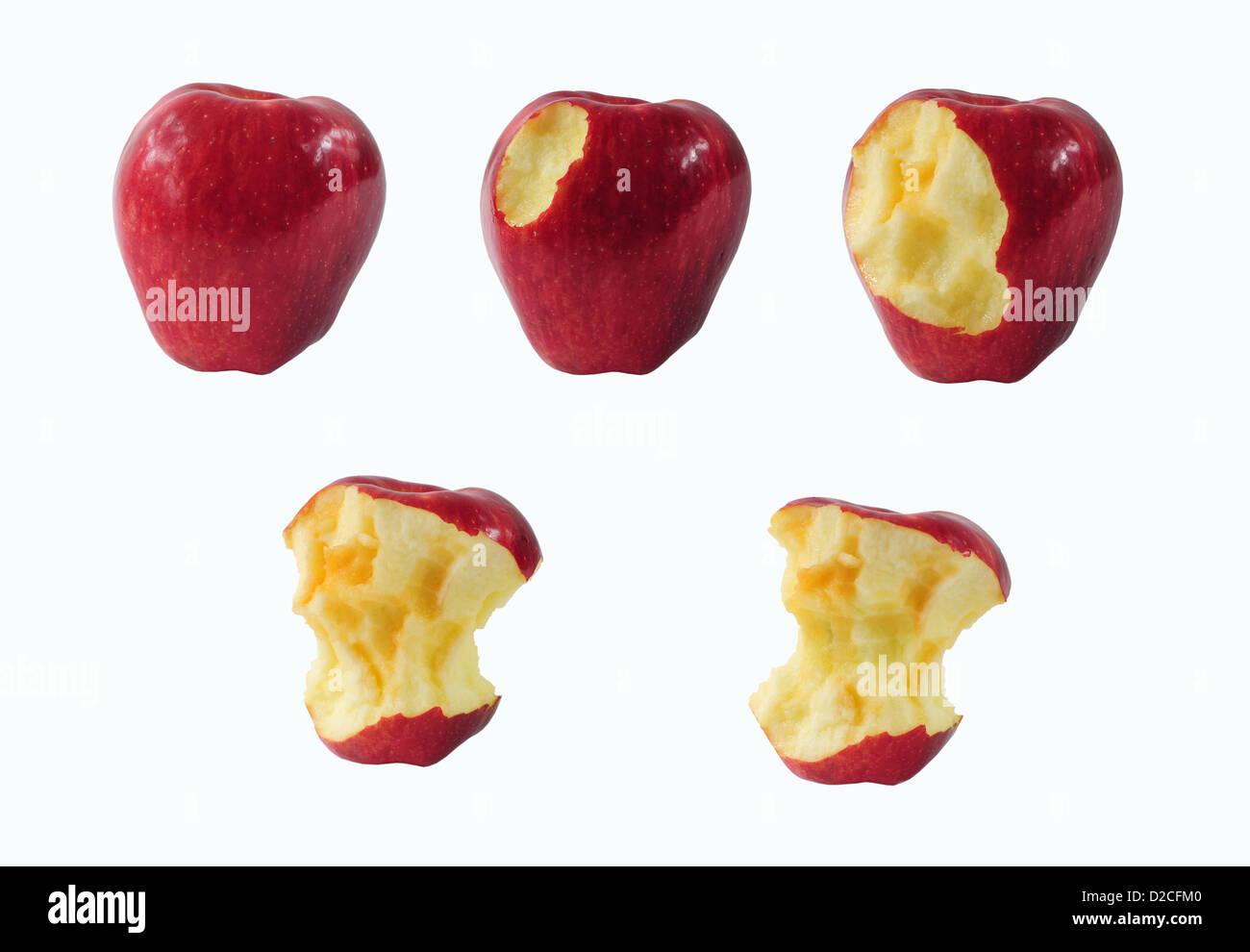 Fünf Etappen Essen eines Apfels isoliert auf weiss Stockfoto