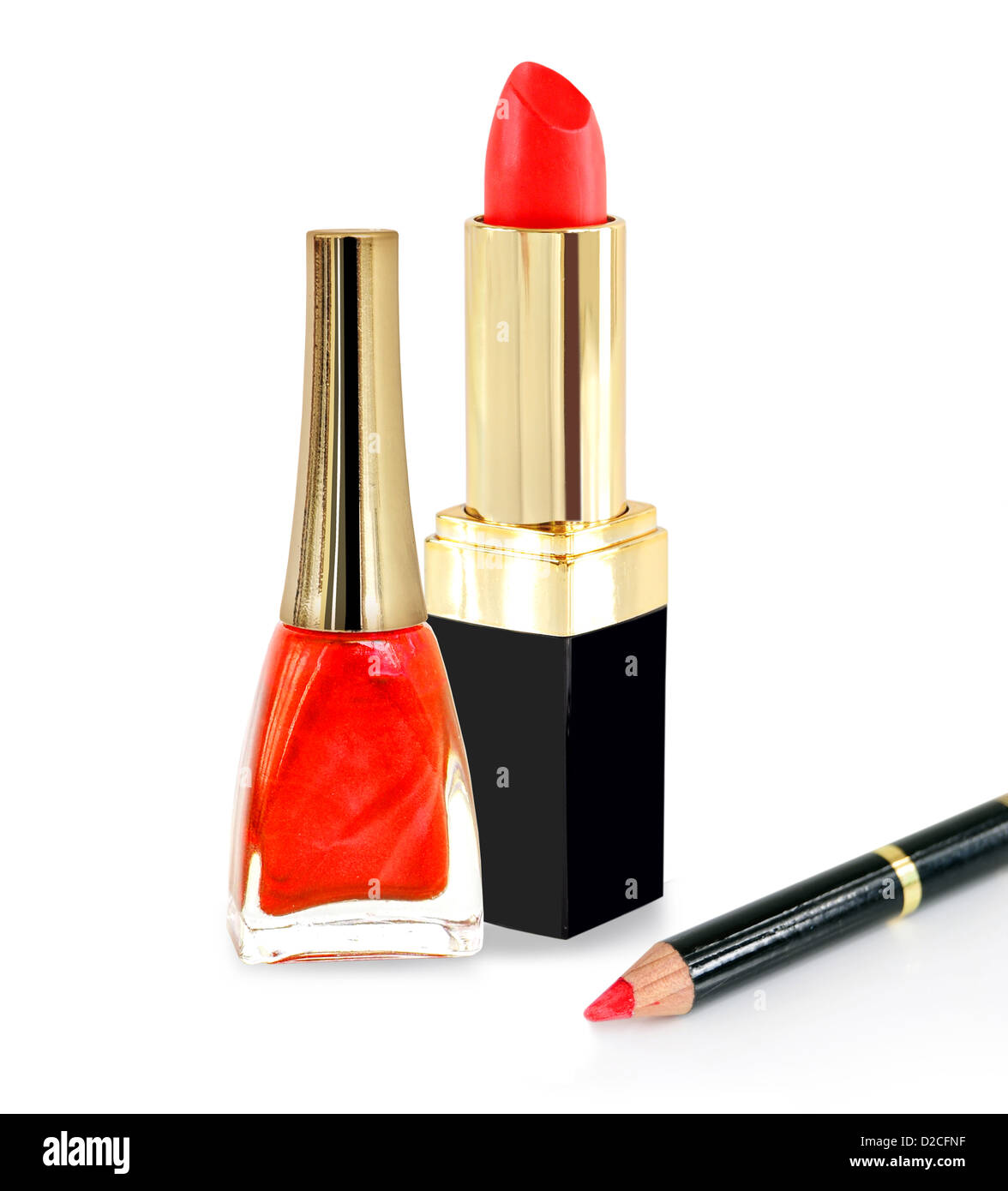 Roter Lippenstift, Nagellack und Bleistift Stockfoto