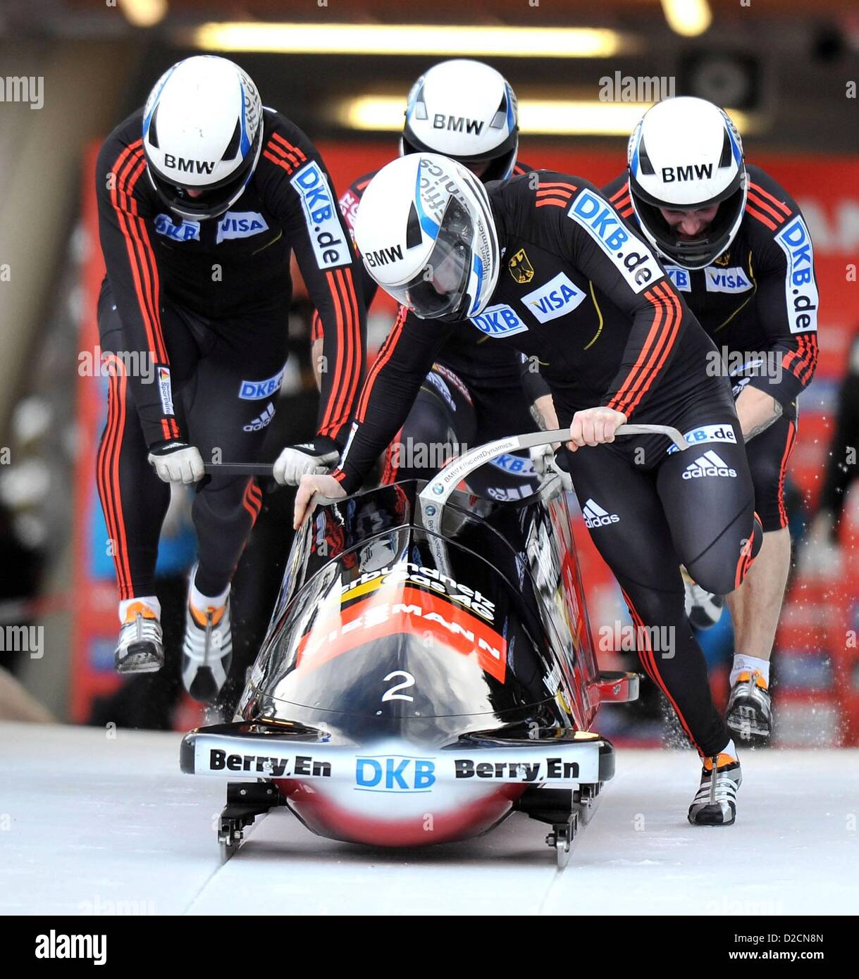 20.01.2013. Innsbruck, Österreich.  FIBT Weltmeisterschaft und Europameisterschaft Herren 4er-Bob. Bild zeigt Maximilian Arndt Marko Alexander Roediger und Martin Putze ger Stockfoto