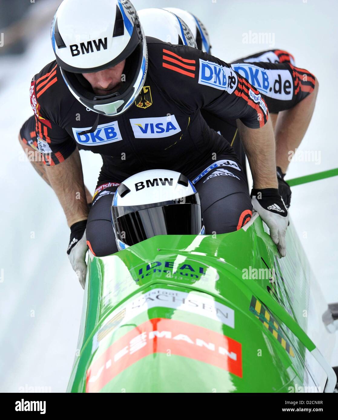 20.01.2013. Innsbruck, Österreich.  FIBT Weltmeisterschaft und Europameisterschaft Herren 4er-Bob. Bild zeigt Thomas Florschuetz Andreas BREDAU Kevin Kuske und Thomas Blaschek ger Stockfoto