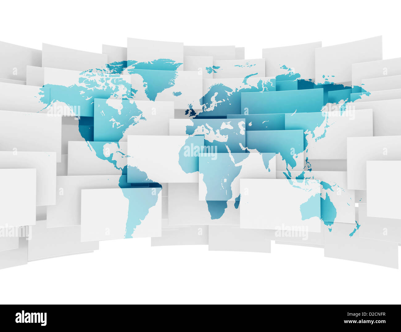 Globale Kommunikation Weltkarte auf 3d Quadrate Stockfoto