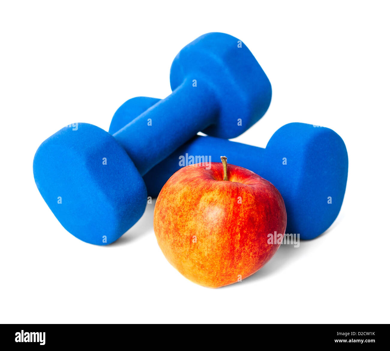 Blaue Hantel Gewichte und roter Apfel, isoliert auf weiss mit weichen Schatten. Stockfoto