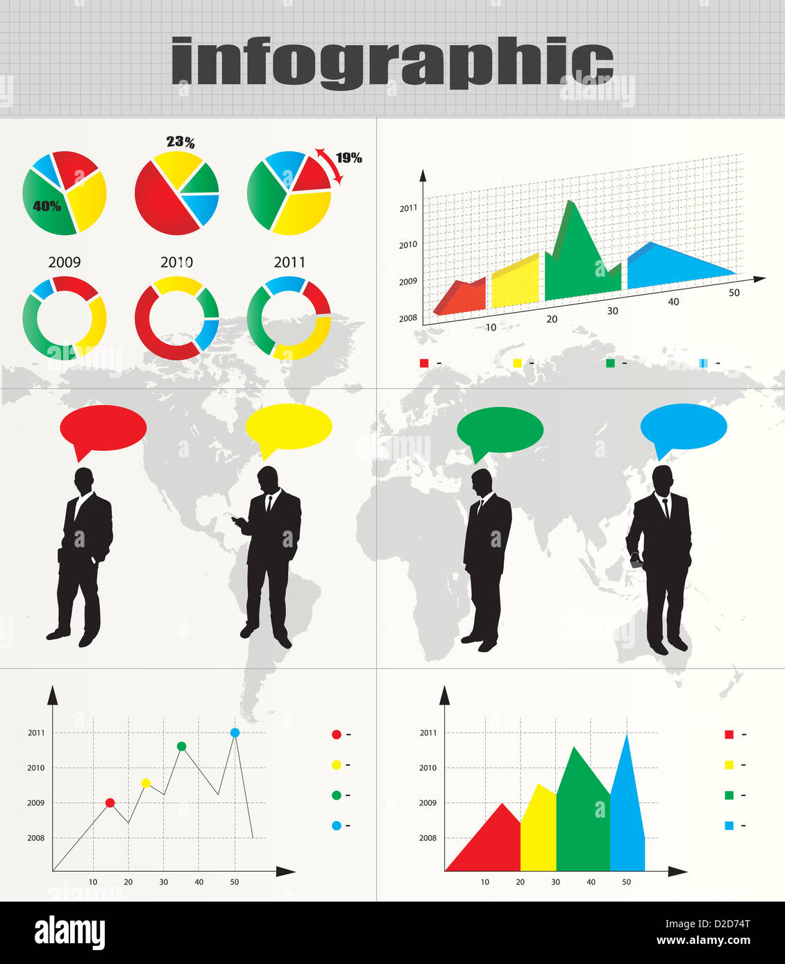 Bunte Infografik und Geschäftsmann Kollektion von silhouette Stockfoto