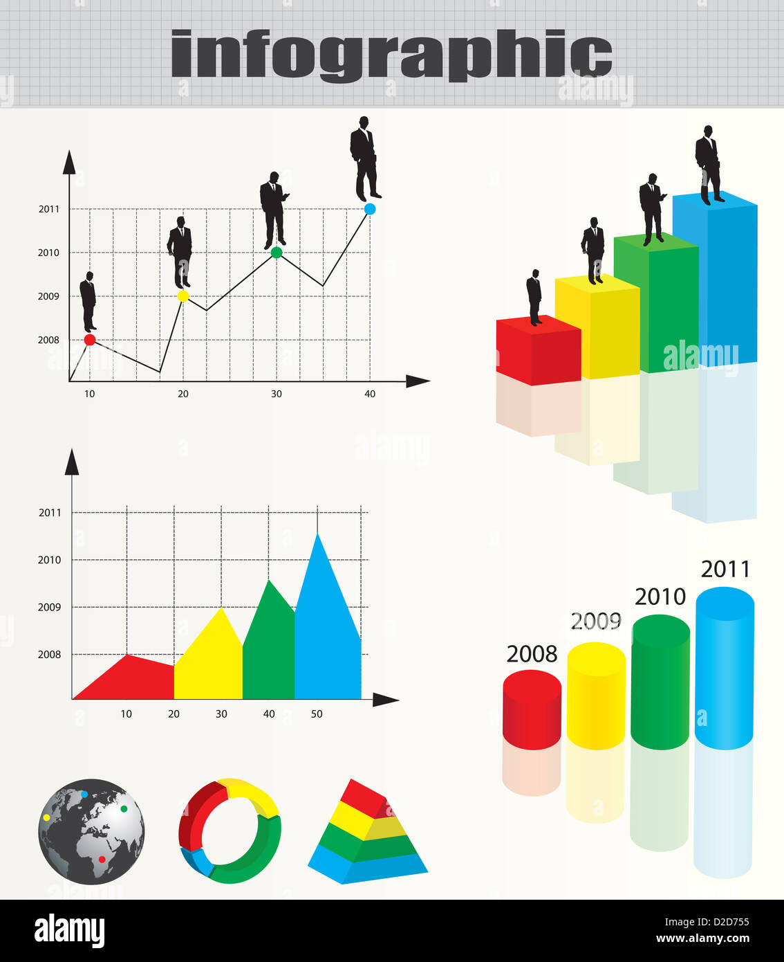 Bunte Infografik und Geschäftsmann Kollektion von silhouette Stockfoto
