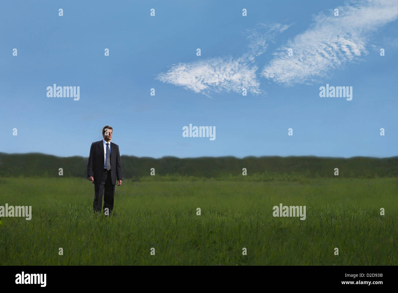 Ein Geschäftsmann, ein Spaziergang durch ein Feld in einem remote-Standort Stockfoto