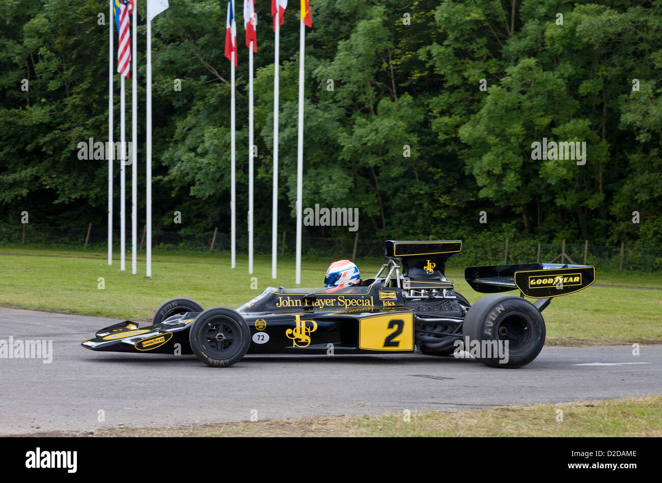 1974 Lotus-Cosworth 72E mit Fahrer Jacky Ickx auf die 2012 Goodwood Festival of Speed, Sussex, UK. Stockfoto