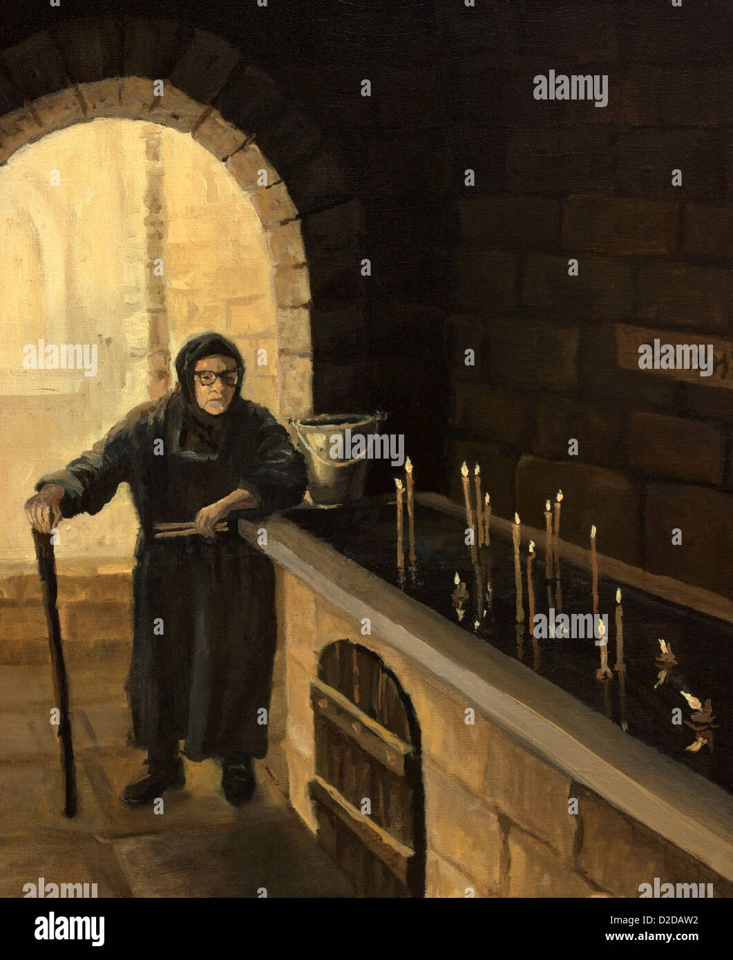 Ein Ölgemälde auf Leinwand von einer alten Frau, die eine Kerze in der Kirche mit dem Glauben an den Gott und die Zukunft leuchtet. Stockfoto