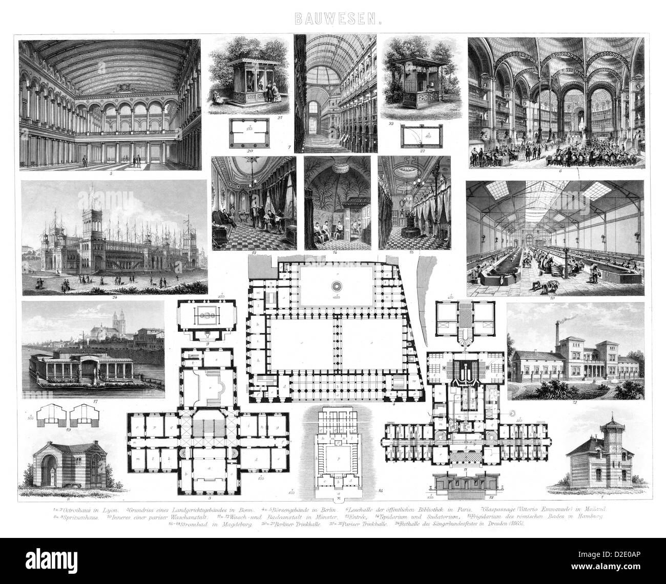 Vintage architektonische Bilder und Pläne von Gebäuden aus dem 19. Jahrhundert Stockfoto