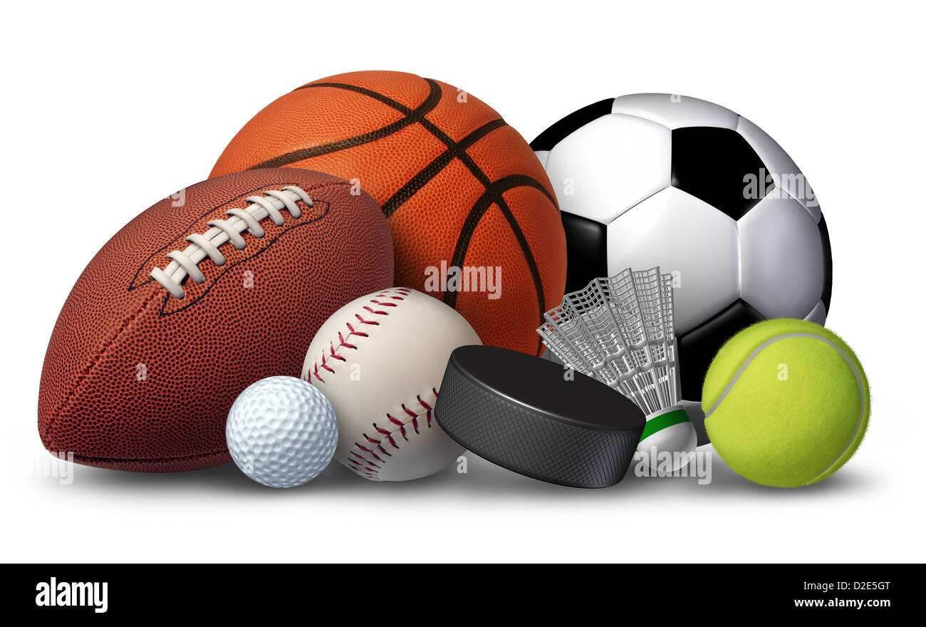 Sportgeräte mit einem Fußball Basketball Baseball Fußball Tennis und Golf Ball und Badminton Hockey Puck als Erholung und Freizeit Freizeitaktivitäten für Team und einzelnen spielen. Stockfoto