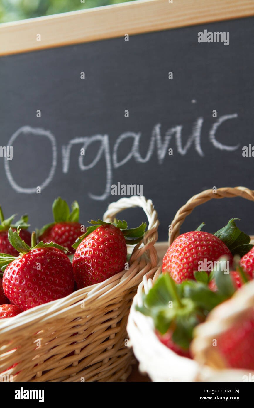 Bio-Erdbeeren zum Verkauf an Farmers Market Stockfoto