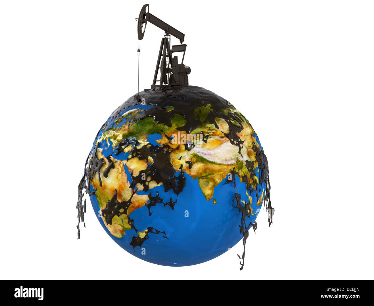 Pumpe Jack und Öl zu verschütten, über Planetenerde isoliert auf weißem Hintergrund Stockfoto
