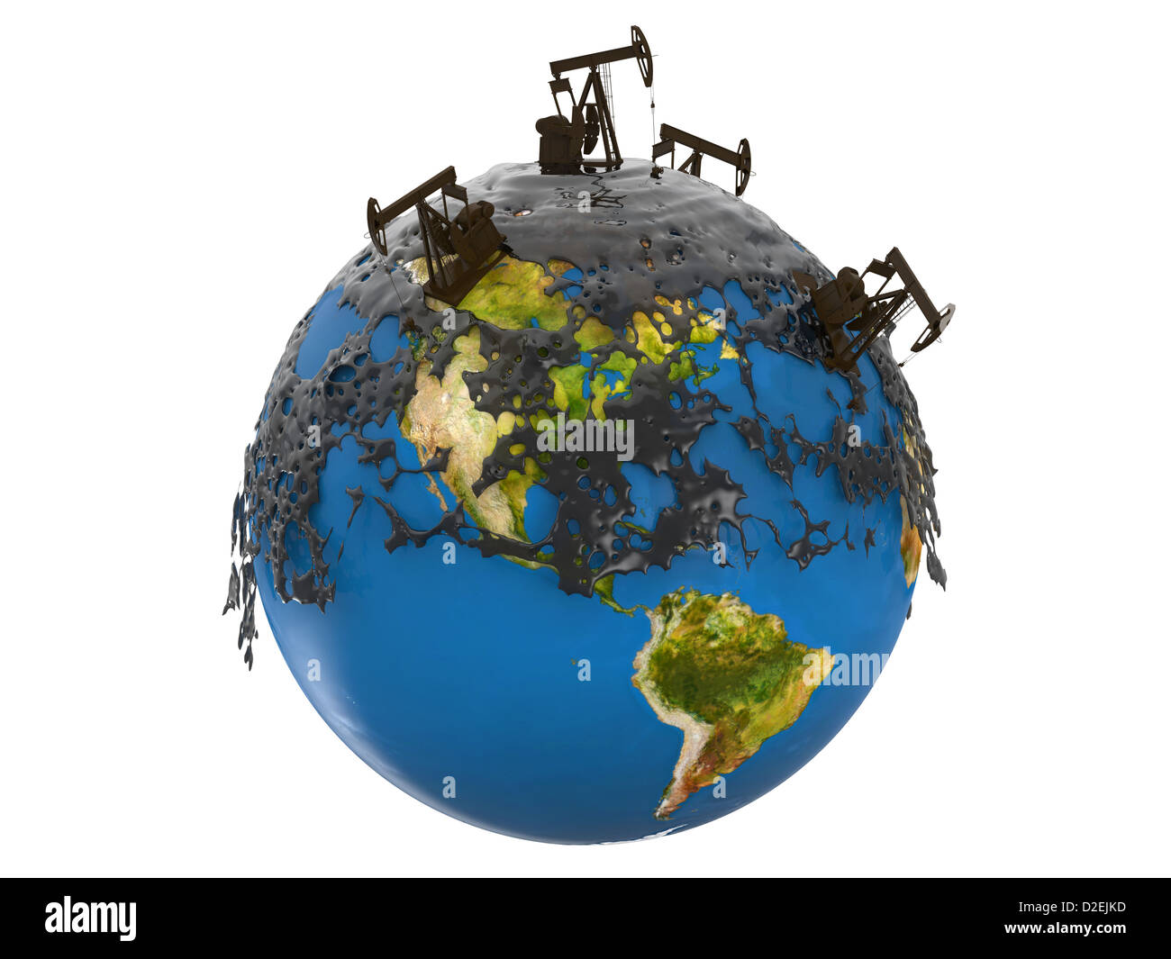 Pump-Buchsen und Ölpest über Planetenerde isoliert auf weißem Hintergrund Stockfoto