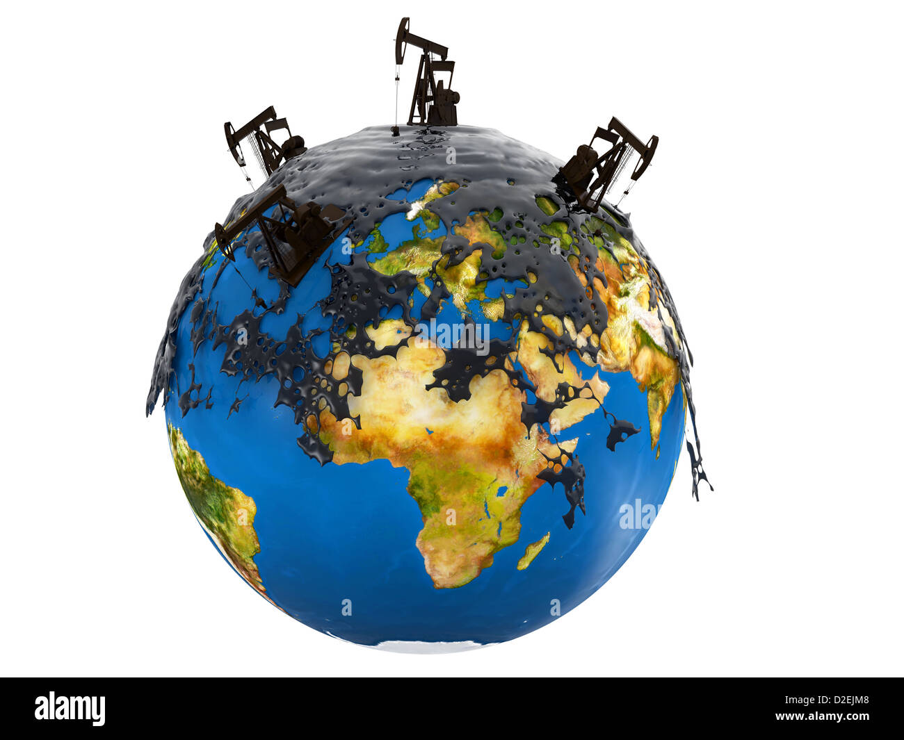 Pump-Buchsen und Ölpest über Planetenerde isoliert auf weißem Hintergrund Stockfoto