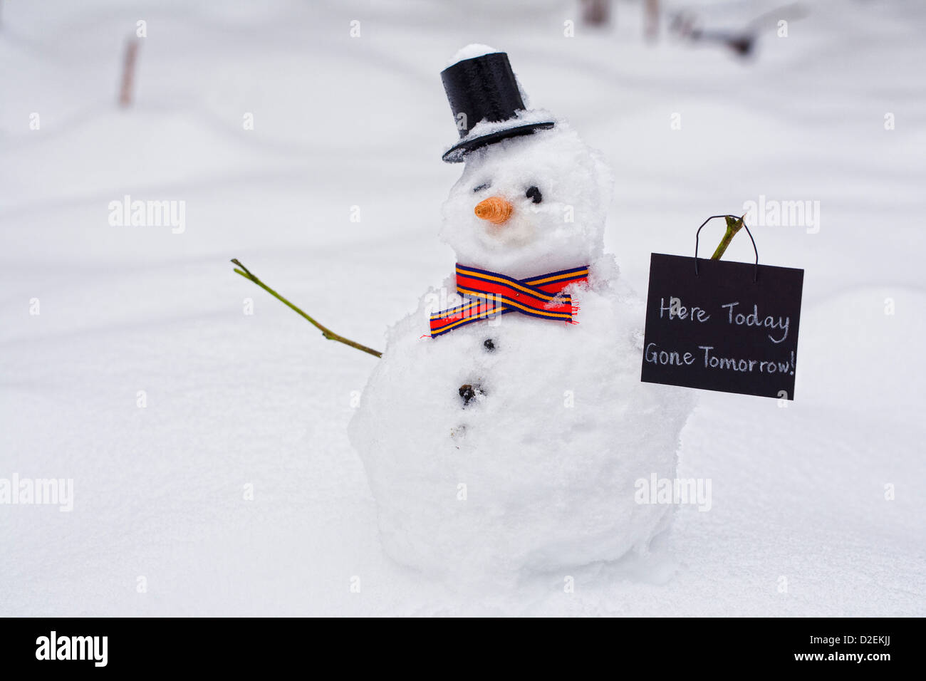 Schneemann auf einem verschneiten Hintergrund. Stockfoto