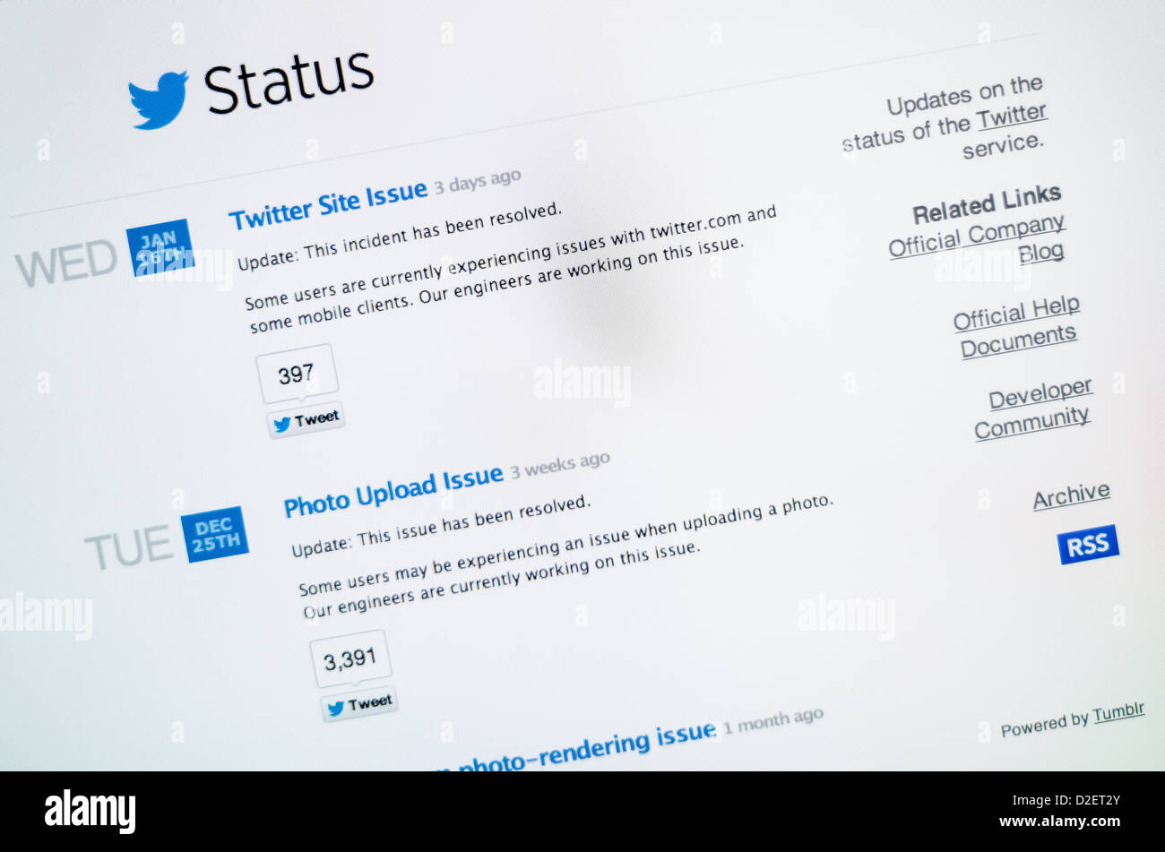 Twitter-Logo und Status-Webseite Stockfoto