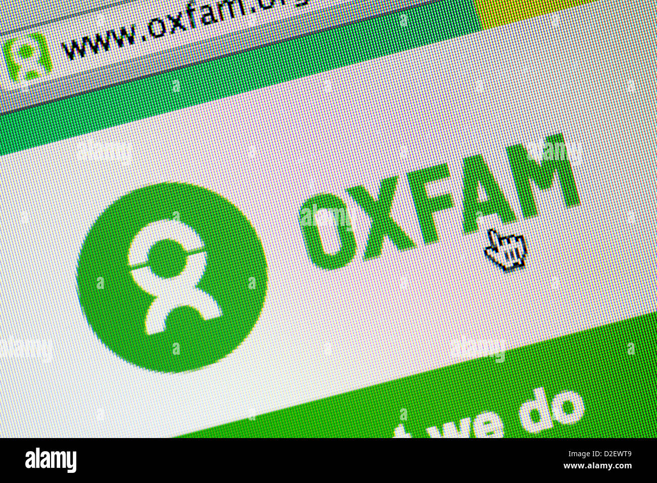 Oxfam-Logo und Website hautnah Stockfoto
