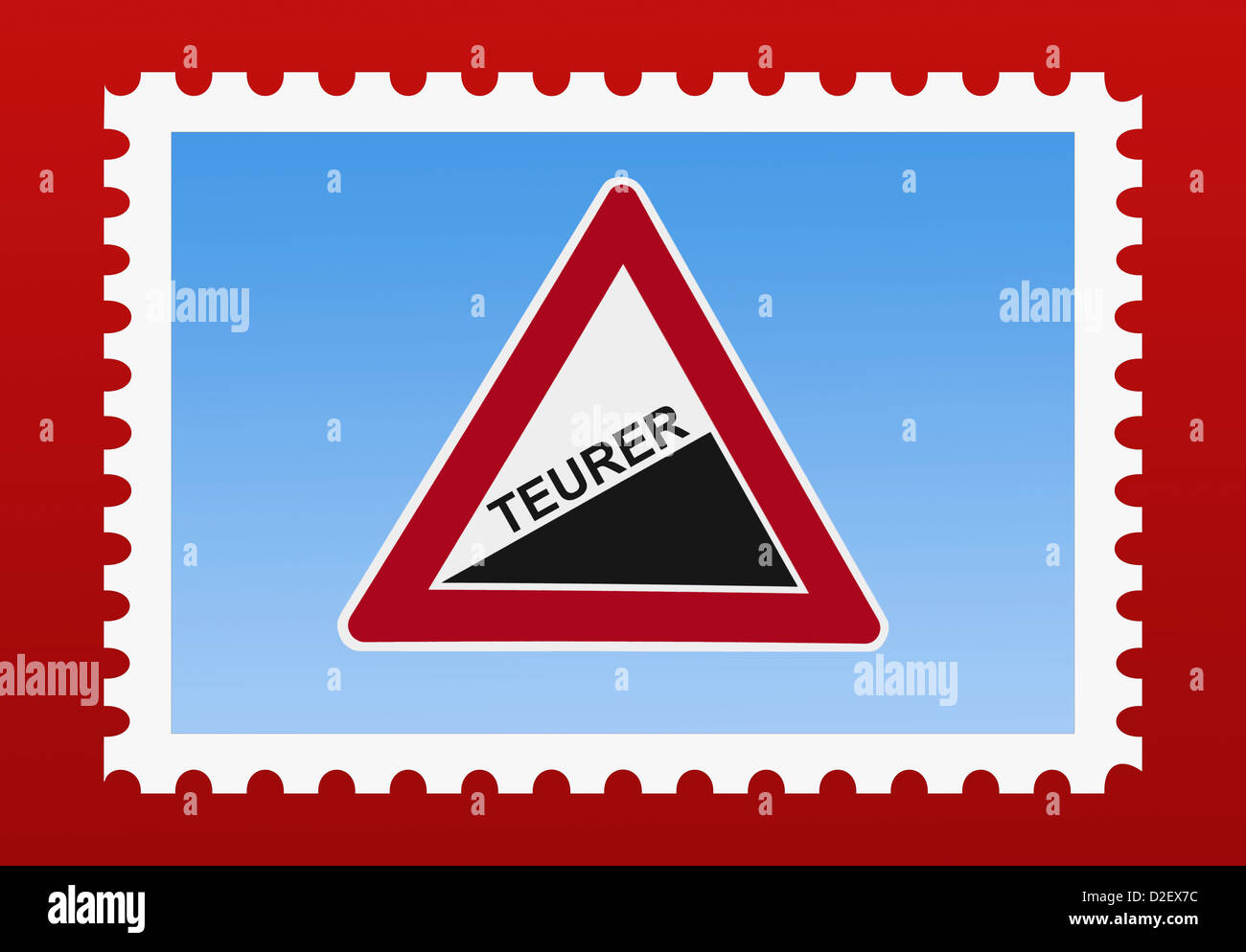 Detail-Foto einer Briefmarke. Das Markenbild zeigt ein Gefahrenzeichen "Steigung" mit der deutschen Aufschrift teurer Stockfoto