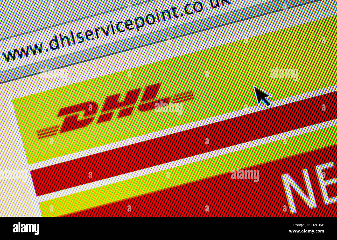 DHL-Logo und Website hautnah Stockfoto