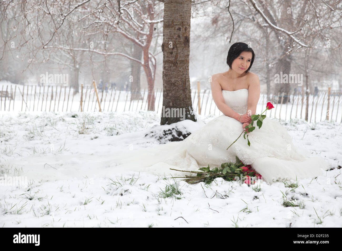 Chinesische Braut Sa Sa (27) haben einige Hochzeitsfotos als Schneefall sein deckt St James Park in London. Stockfoto