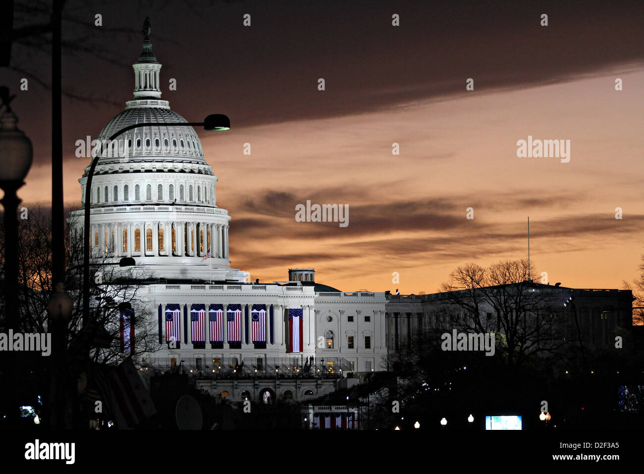 Das Kapitolgebäude bei Sonnenaufgang vor dem 57. Presidential Inauguration 21. Januar 2013 in Washington, DC. Stockfoto