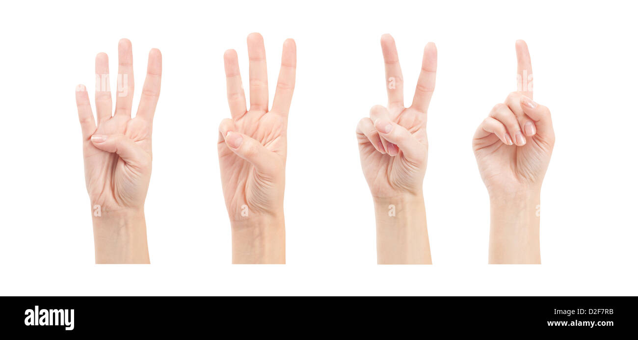 Zählen Frau Hände (1 bis 4) isoliert auf weißem Hintergrund Stockfoto
