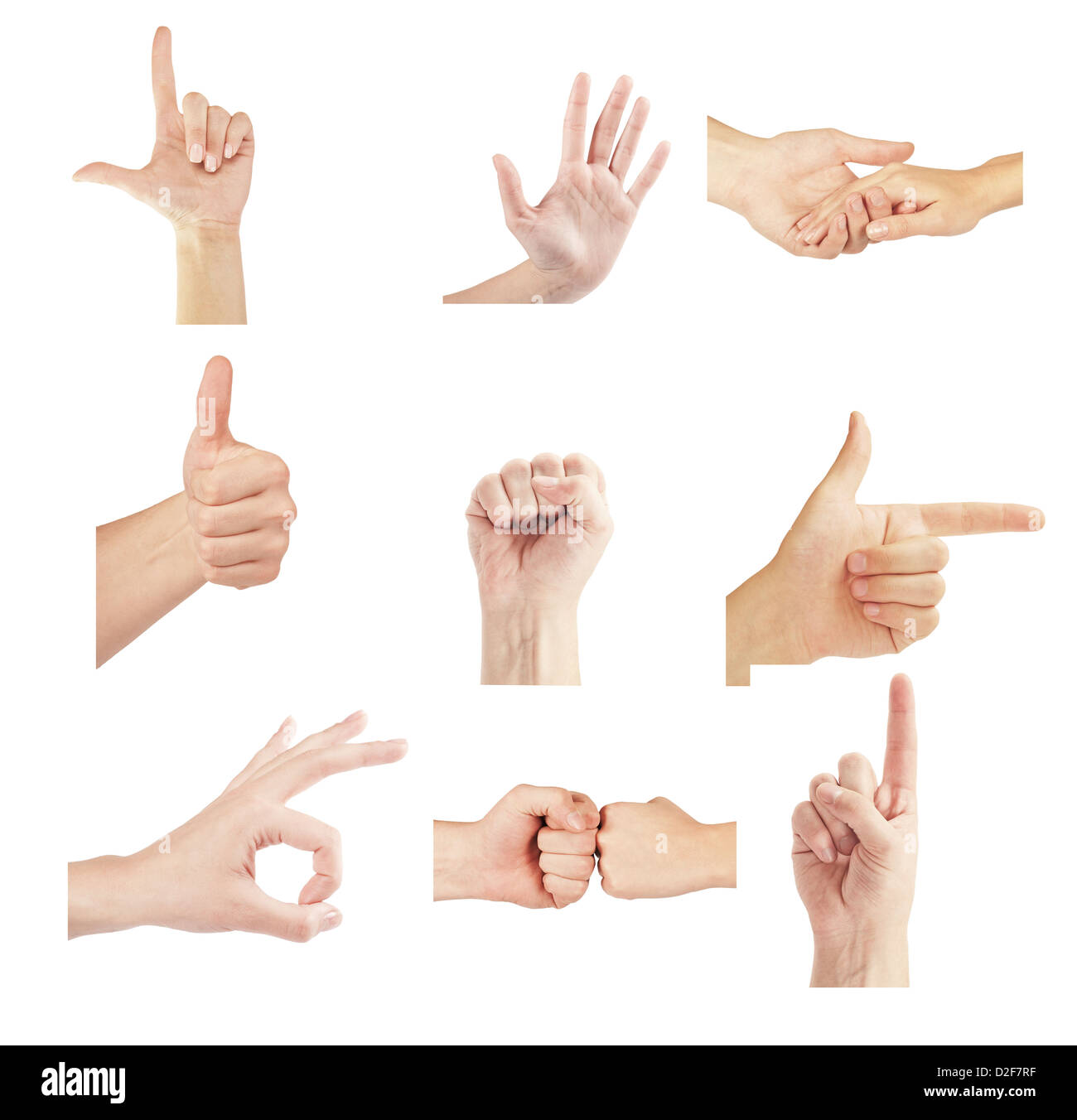 Reihe von Gesten Hände isoliert auf weißem Hintergrund Stockfoto