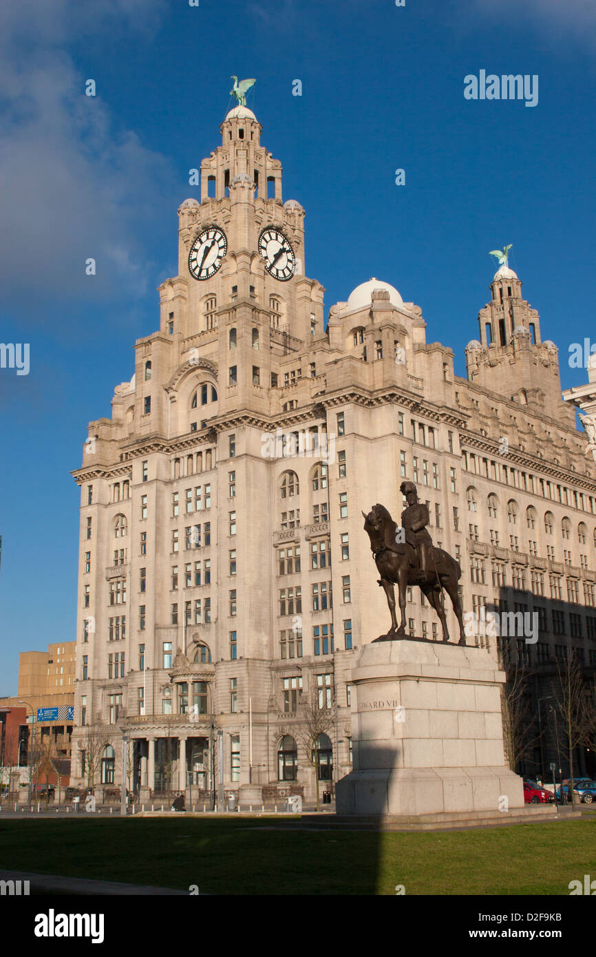 Freundlichen Edward VII Denkmal außerhalb der Royal Liver Building am Molenkopf, Liverpool. Stockfoto