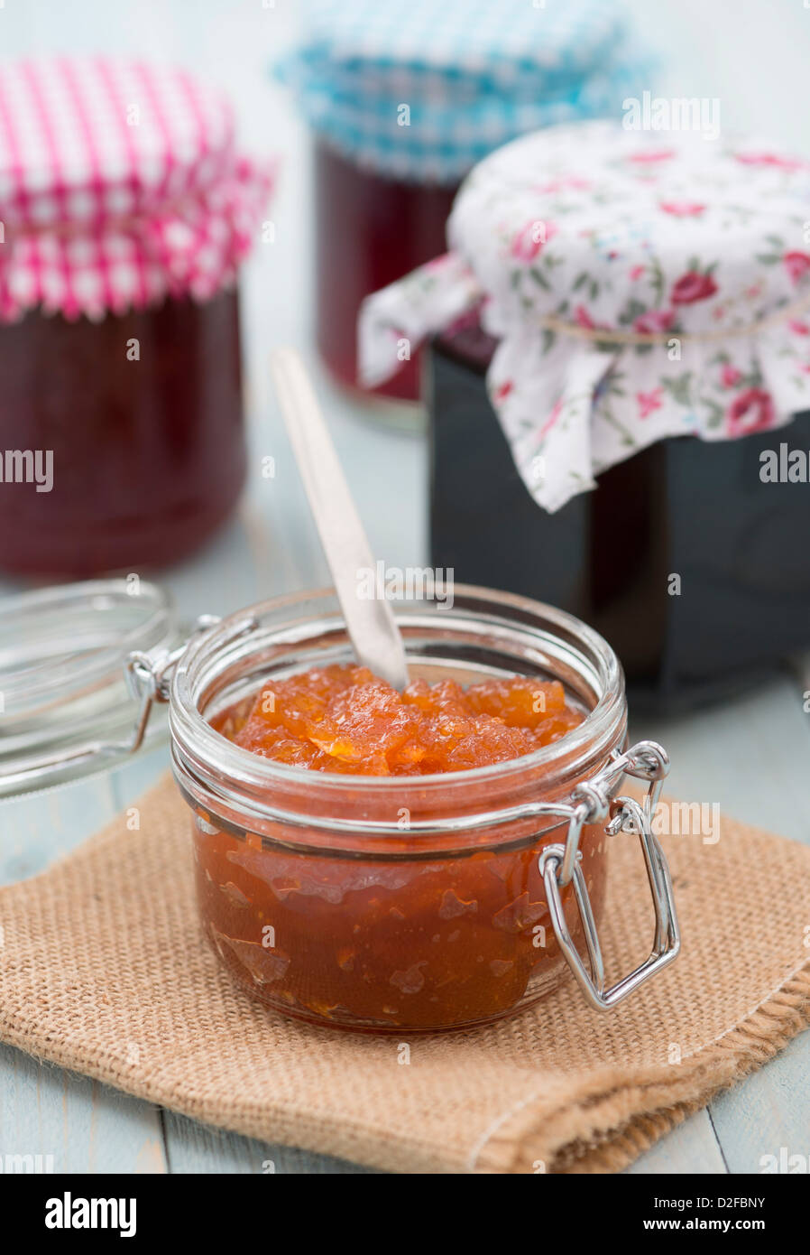 Hausgemachte Marmeladen, Konfitüren, Gelees und Marmeladen. Stockfoto