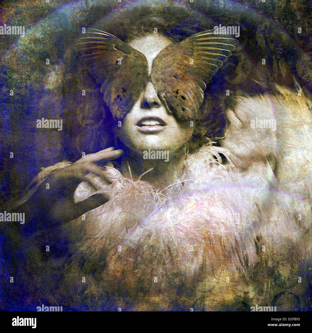 Frau mit Vogel Flügel Augenbinde. Foto basierte Illustration. Stockfoto