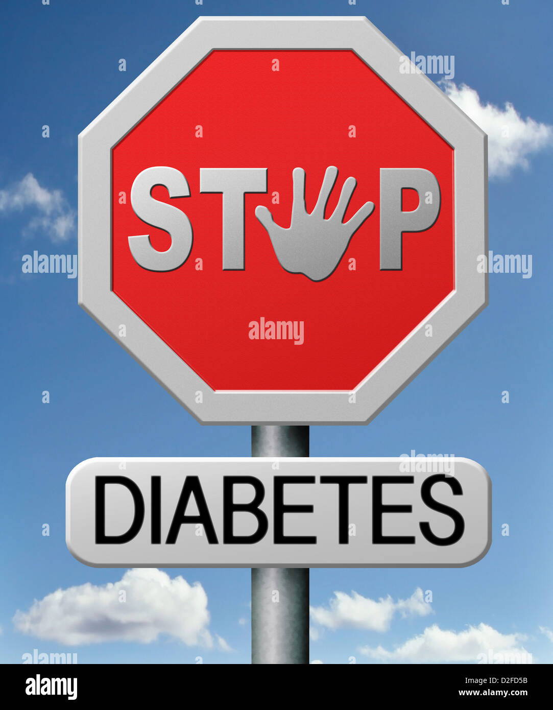 stoppen Sie Diabetes finden Sie Ursachen und Bildschirm für Symptome von Typ 1 oder 2 Prävention durch Diät oder mit Medikamenten behandeln Stockfoto