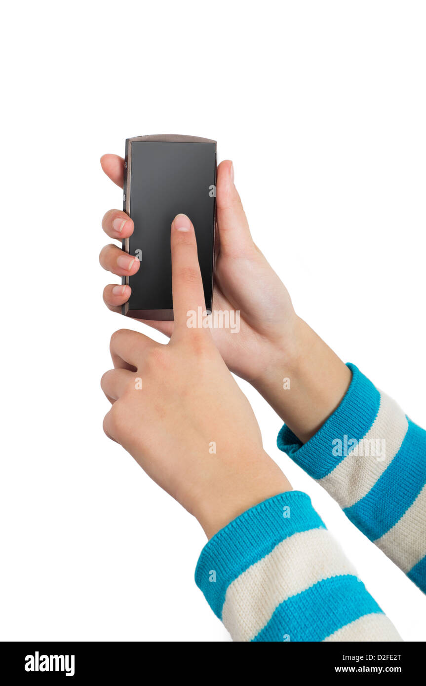 Die Hand einer Frau, mit mobilen Smartphone Stockfoto
